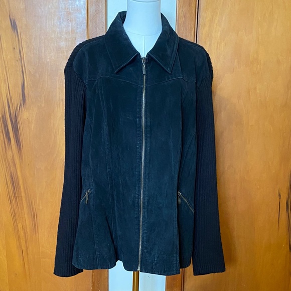 Live a Little Black Sweater Jacket Suede Ribbed Knit Sleeves Zipper Collared - Picture 1 of 10